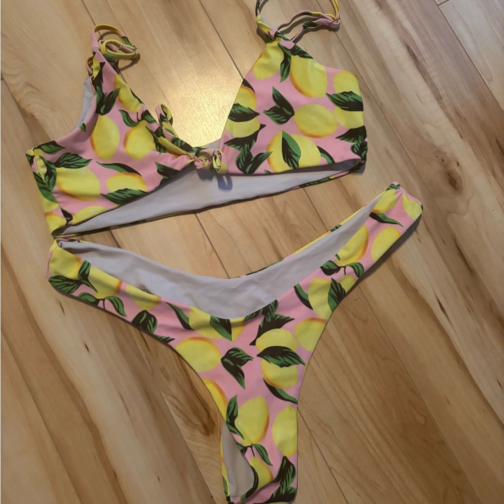 Source Unknown Pink and Yellow Lemon Print Bikini